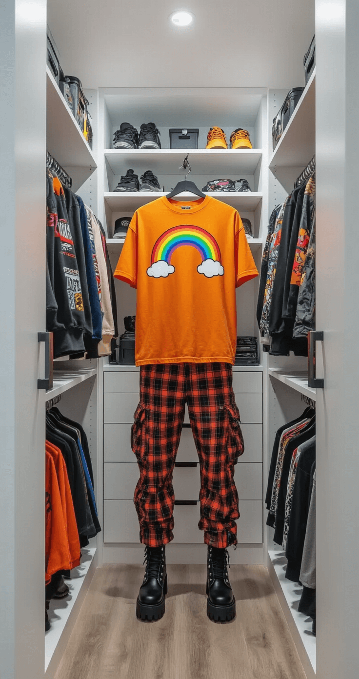 A fashion enthusiast styles an orange Rainbow Friends t-shirt with plaid cargo pants and platform boots in a clean, white-walled walk-in closet, featuring organized gaming-inspired streetwear and carefully curated accessories on floating shelves, illuminated by ambient lighting.