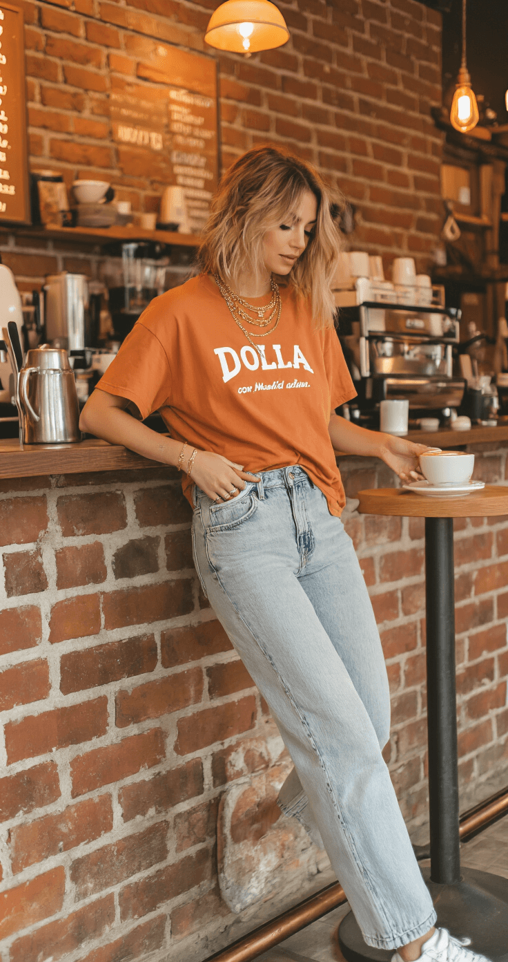 A woman in an oversized orange Dolla t-shirt and light wash mom jeans is mid-movement, reaching for a latte in a cozy coffee shop corner with exposed brick walls. She wears layered gold necklaces and white sneakers, with warm café lighting enhancing the intimate atmosphere. The scene is captured from a three-quarter view.