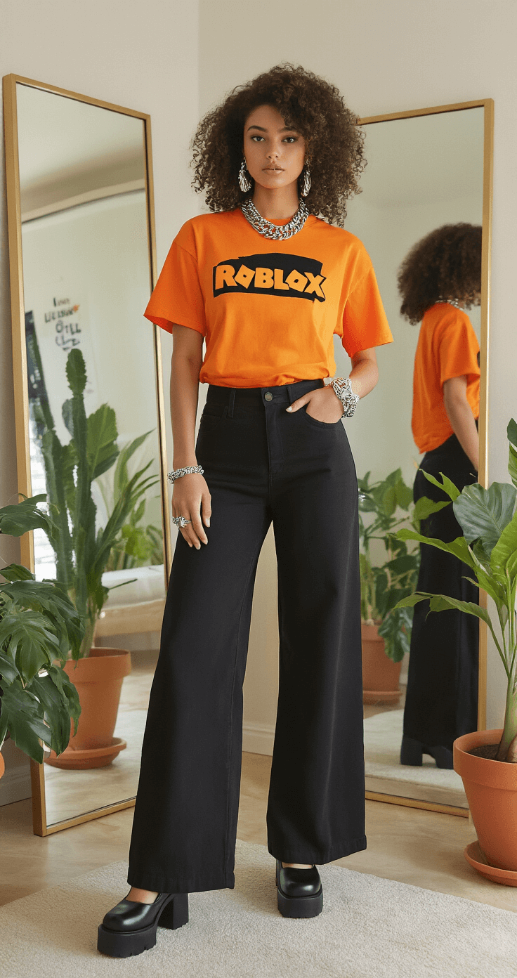 A modern living room filled with afternoon light features a Halloween-themed orange Roblox tee, paired with black wide-leg pants, chunky silver jewelry, and platform mary janes. Floor-length mirrors reflect the stylish outfit, while potted plants add a touch of nature to the scene, captured from a low angle.