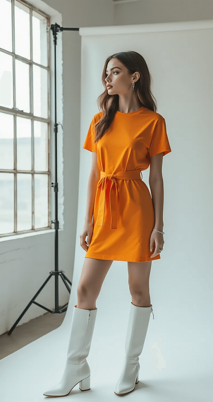 A side profile of a fashion blogger in a custom orange t-shirt dress belted at the waist, styled with knee-high white boots and silver accessories, in a minimalist studio space with a white backdrop and large windows creating natural backlighting.