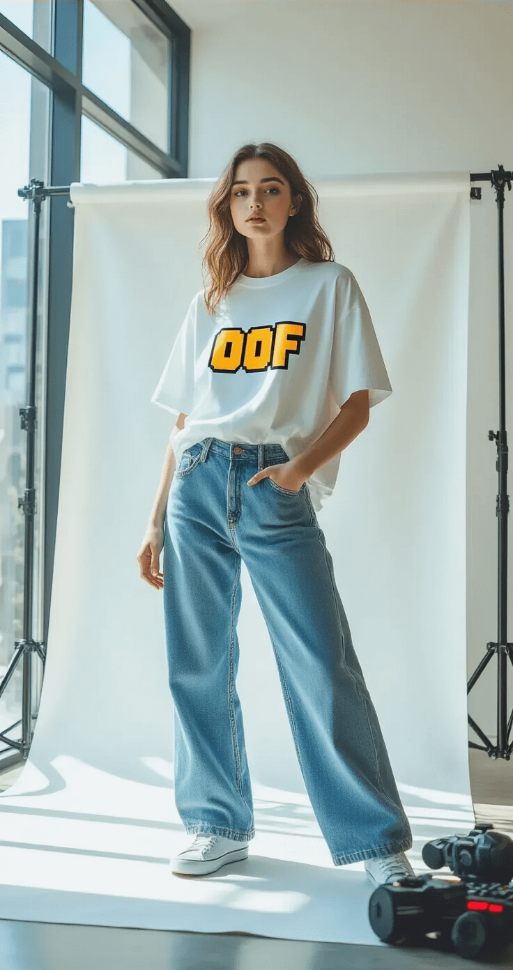 Funny Roblox T-Shirts: Your Ultimate Guide to Finding the Most Hilarious Gaming Gear A young female model playfully poses in a modern photography studio, wearing an oversized white t-shirt with a bold Roblox 'Oof' design and high-waisted mom jeans, surrounded by gaming peripherals and neon lights, illuminated by soft morning light.