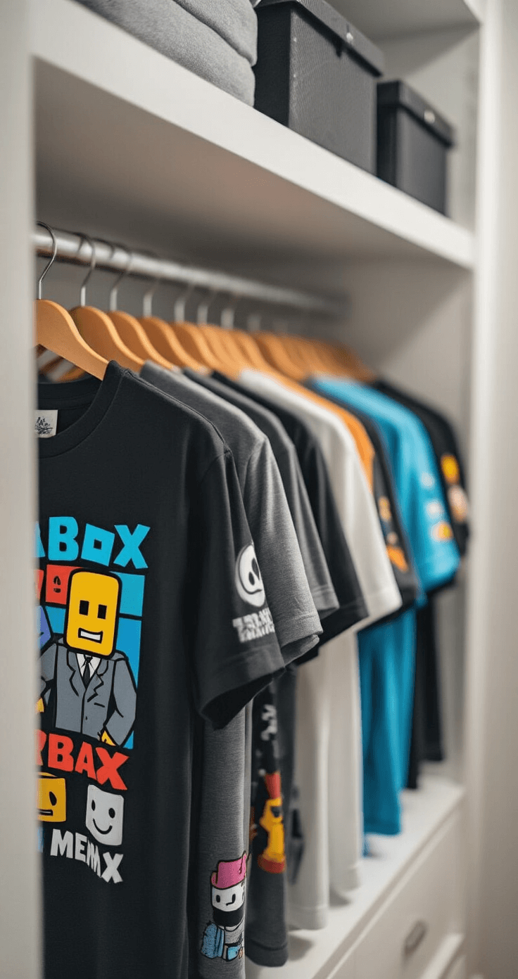 Funny Roblox T-Shirts: Your Ultimate Guide to Finding the Most Hilarious Gaming Gear A close-up of a minimalist walk-in closet featuring a well-organized rack of trending Roblox t-shirts, each adorned with unique meme designs and inside jokes, illuminated by soft, diffused lighting that enhances the fabric texture and print quality.