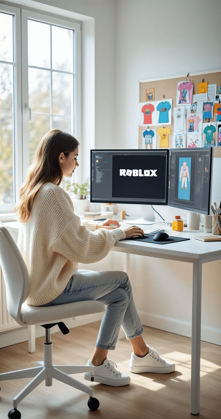 A young female digital artist in a bright modern home office, working on a Roblox t-shirt design at a dual-monitor setup. She wears a cream knit sweater, light wash mom jeans, and white sneakers. The organized desk features a graphics tablet and a colorful mood board. Natural daylight streams through large windows.