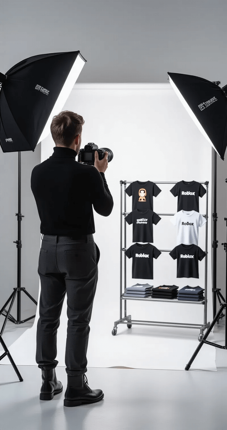 A professional photographer in a black turtleneck and tailored pants captures product shots of Roblox avatar clothing designs in a clean, minimalist studio with soft box lighting and a white seamless backdrop. A styling station with t-shirt designs is arranged on a sleek metal rack, showcasing the creative process from behind the photographer.
