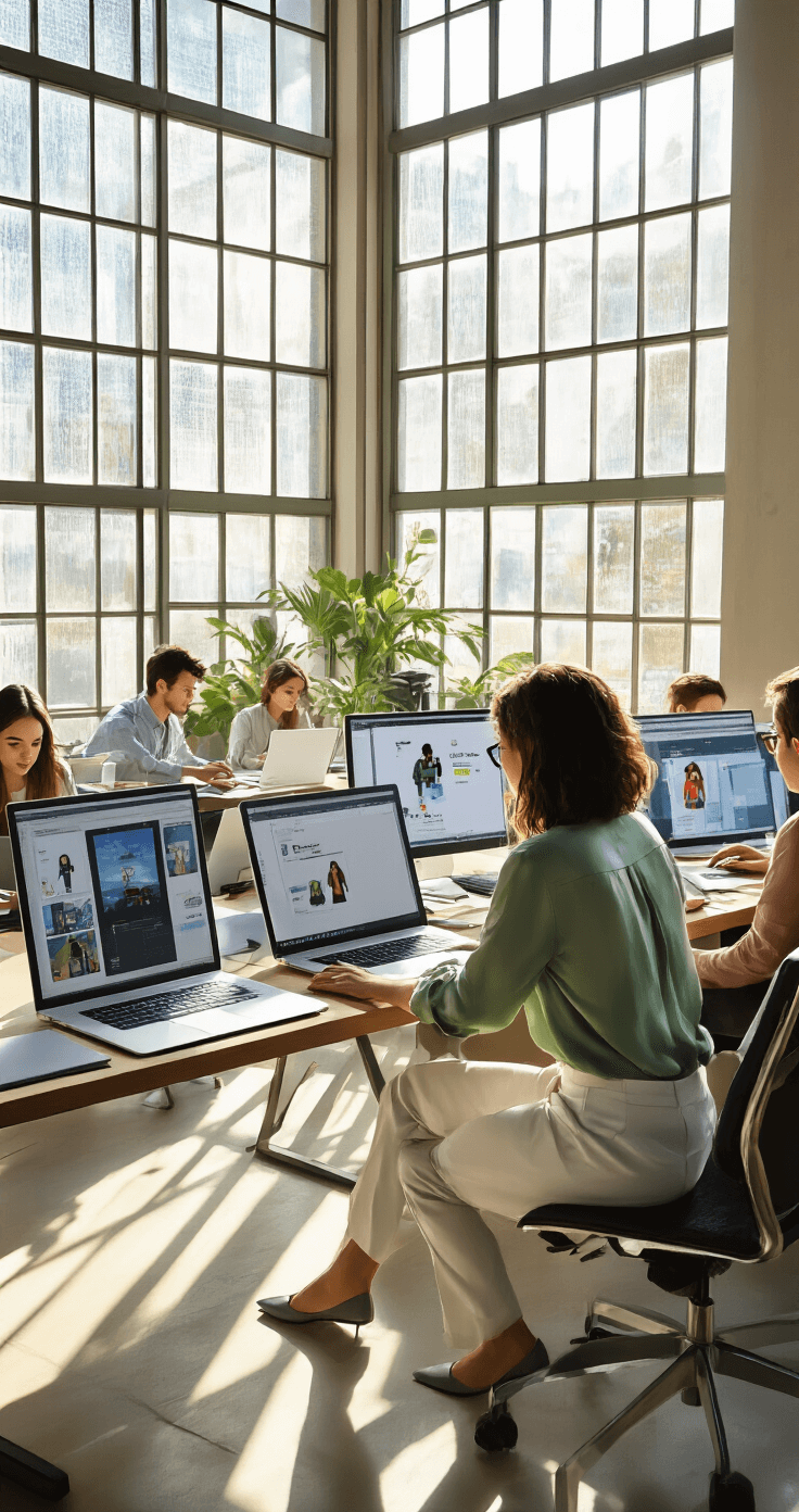A diverse group of young designers collaborates on Roblox fashion projects in a modern co-working space with large industrial windows, illuminated by dramatic midday sunlight. The main subject, dressed in a sage green silk blouse, white tailored trousers, and pointed flats, works alongside colleagues as multiple laptops display design software and the Roblox platform. The elevated perspective highlights the collaborative atmosphere.