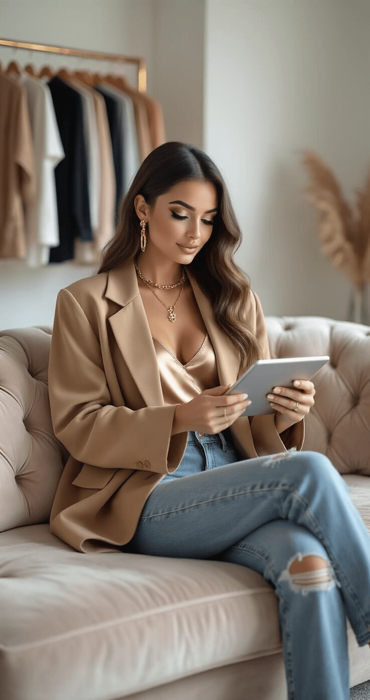 A fashion influencer lounges on a plush velvet sofa, reviewing new Roblox t-shirt designs on a tablet in a stylish home studio filled with soft afternoon light. She wears a camel oversized blazer, silk camisole, and distressed jeans, accessorized with gold jewelry, with a clothing rack displaying physical versions of digital designs in the background.