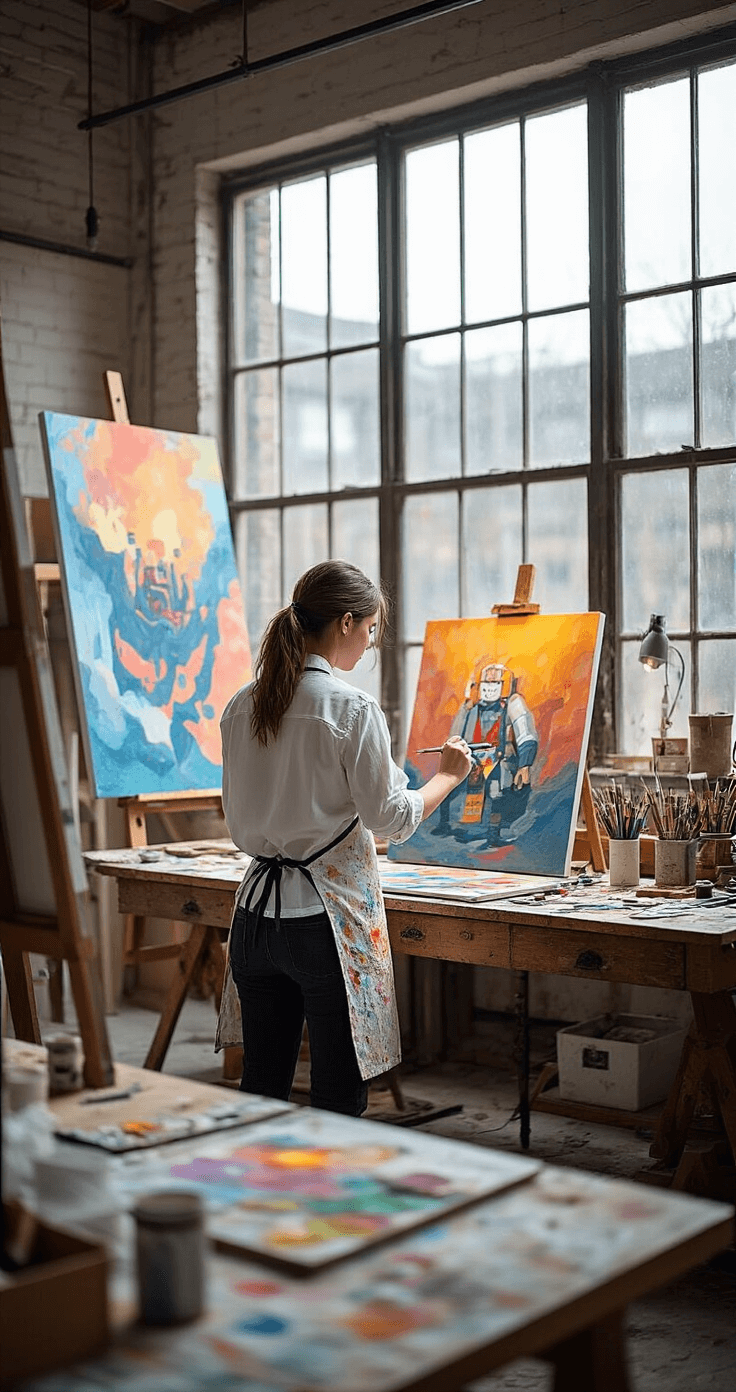 Aerial view of a contemporary art studio with a designer in a white button-down shirt and paint-splattered apron painting artwork for Roblox shirts, surrounded by traditional art supplies and digital tools on a large wooden workbench, illuminated by large north-facing industrial windows.