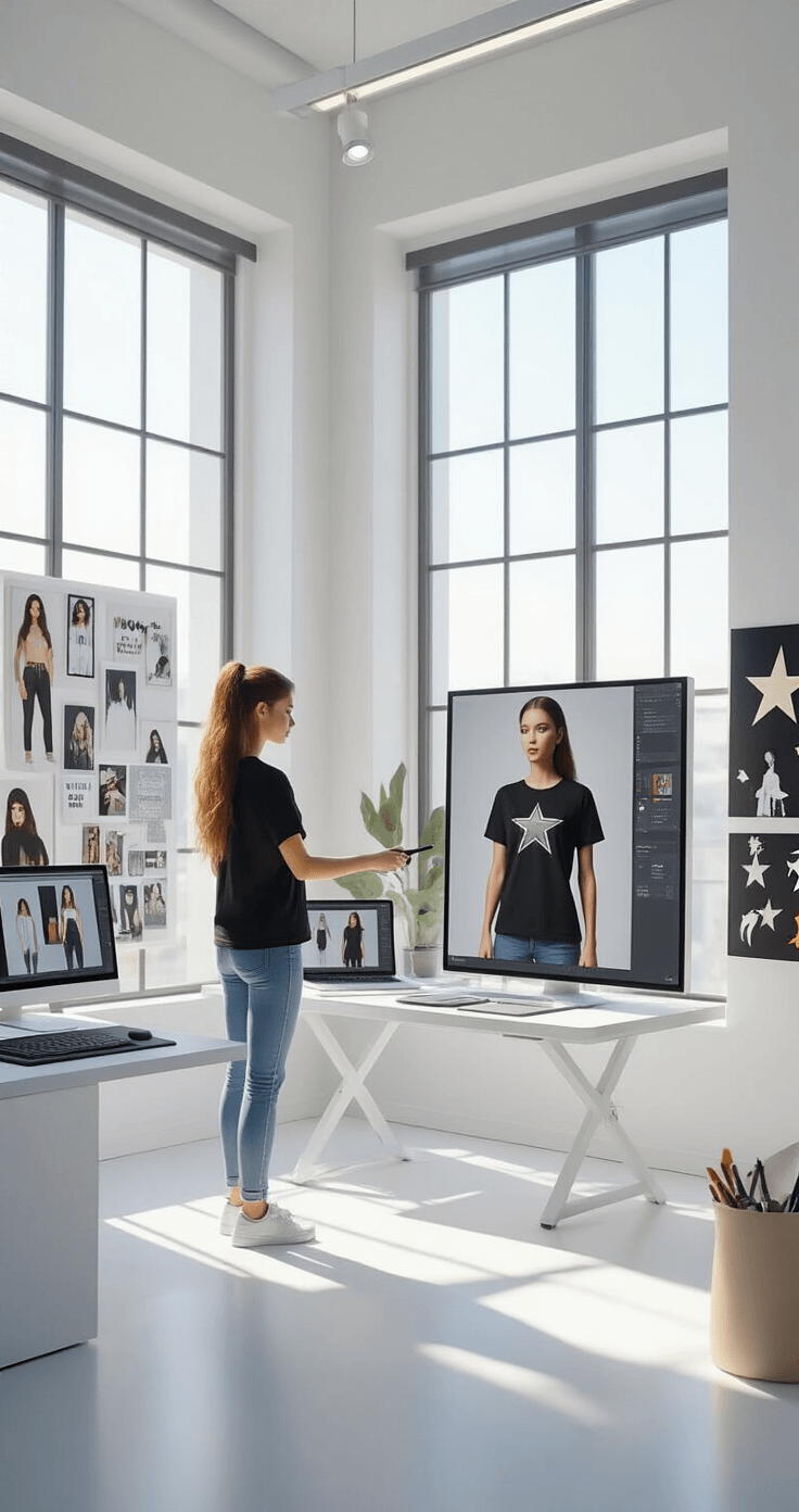 A bright minimalist photography studio with a female model showcasing a black t-shirt on a digital avatar display, surrounded by large monitors displaying 3D character customization. Natural light floods through floor-to-ceiling windows, illuminating a modern desk with a drawing tablet and tools, alongside mood boards featuring Y2K fashion and streetwear inspirations, captured from a 45-degree angle.