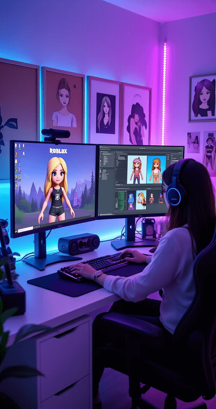 A female content creator in a modern gaming room illuminated by purple-blue LED lights, working at a dual-monitor setup displaying Roblox avatar customization and t-shirt designs, with a professional camera capturing her workflow and cork boards featuring trending avatar style references.