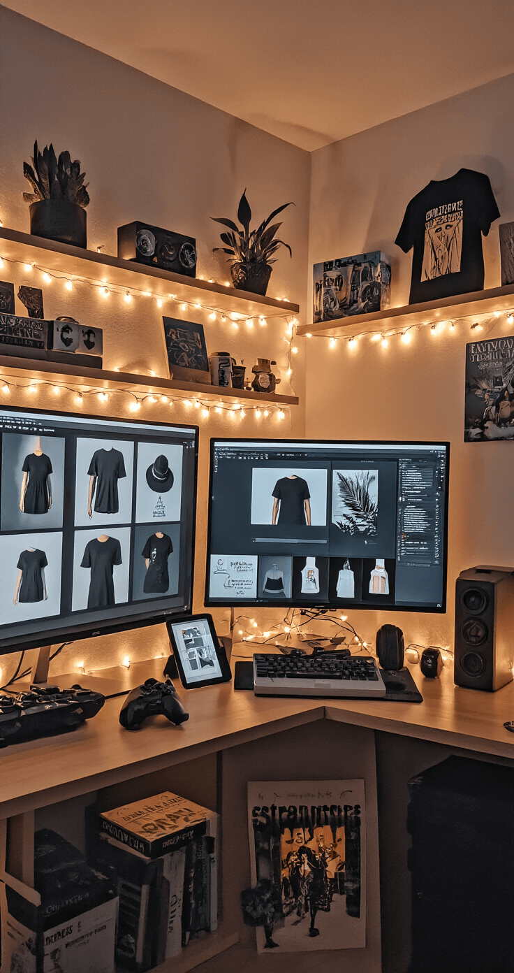 A cozy home streaming setup with warm lighting, featuring multiple screens showcasing budget-friendly black t-shirt designs and free templates, a tablet with customization tutorials, string lights, floating shelves with gaming merchandise and fashion books, captured in a low-angle shot.