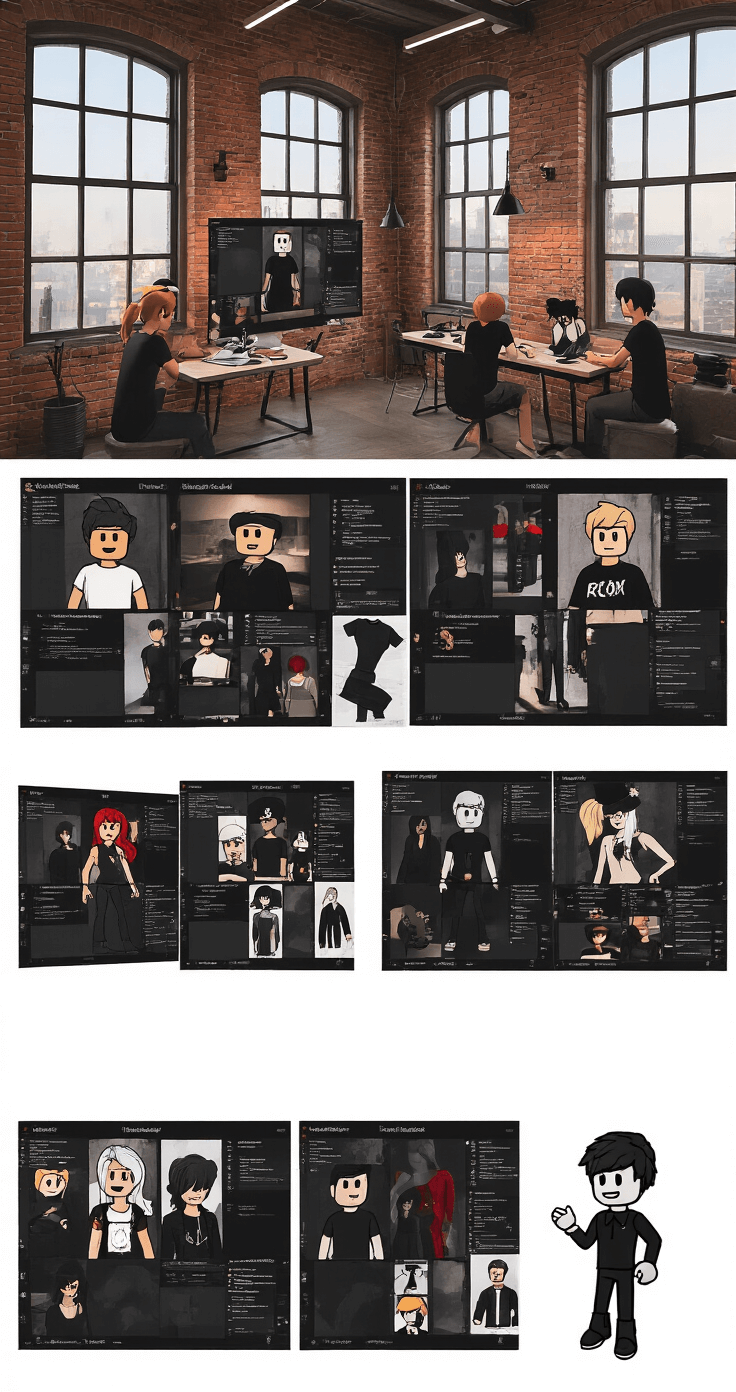 A spacious industrial-style workspace featuring exposed brick walls and large windows, filled with designers collaborating on black t-shirt styling for Roblox avatars. Digital mood boards showcase emo, minimalist, and fashionista styles, while professional lighting illuminates the area for content creation. The wide shot captures the entire lively creative environment.