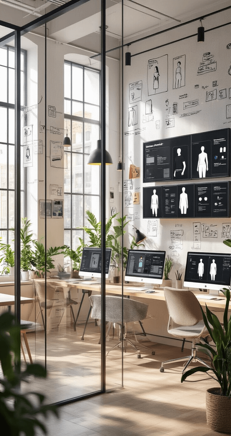 Trendy co-working space bathed in morning light, showcasing a fashion-tech corner with digital design stations, screens showing black t-shirt customization, and dry-erase walls filled with outfit sketches, surrounded by modern furniture and plants.