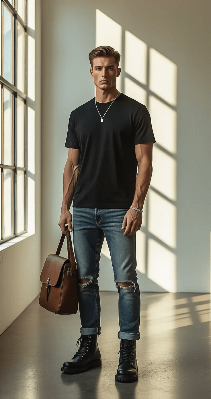 A modern photography studio featuring a professional model in a black tuxedo t-shirt, distressed denim, and combat boots. Golden hour light illuminates the space with dramatic shadows, highlighting luxury accessories like a leather messenger bag and silver jewelry against sleek white walls and polished concrete floors.