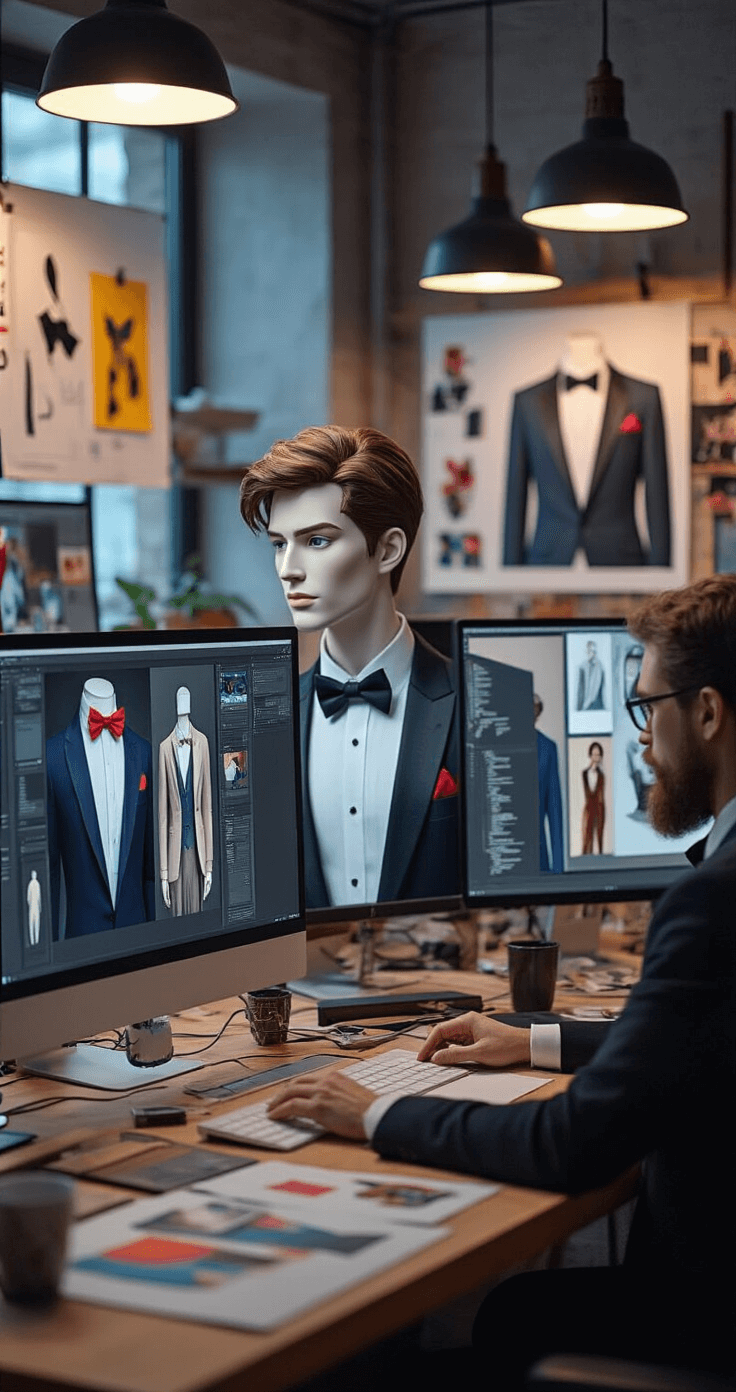 Bustling digital art studio interior with multiple computer workstations, a fashion designer creating a 3D avatar model in vibrant tuxedo t-shirt designs, illuminated by soft ambient lighting from pendant lamps, showcasing digital sketches and mood boards with bow tie and lapel designs on screens.