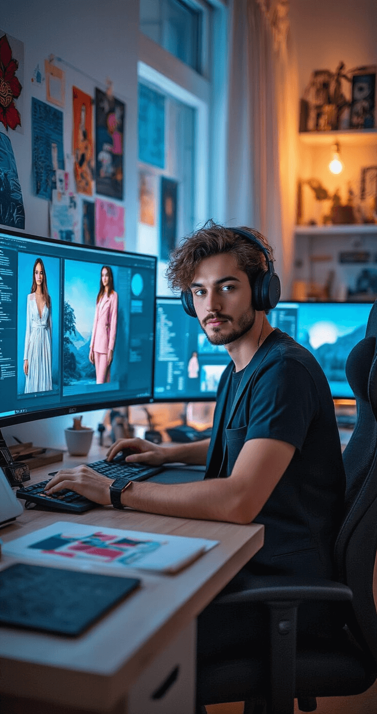A young content creator in a custom tuxedo t-shirt works on digital fashion templates in a cozy home office, illuminated by warm evening light and blue light from multiple monitors, with a fashion mood board wall and design details visible on secondary screens.