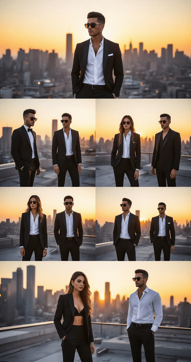 A fashion influencer showcases various styled looks featuring tuxedo t-shirts on an urban rooftop at sunset, with a city skyline in the background. The outfits, ranging from streetwear to semi-formal, are illuminated by golden hour lighting, enhancing the textures and metallic accessories.