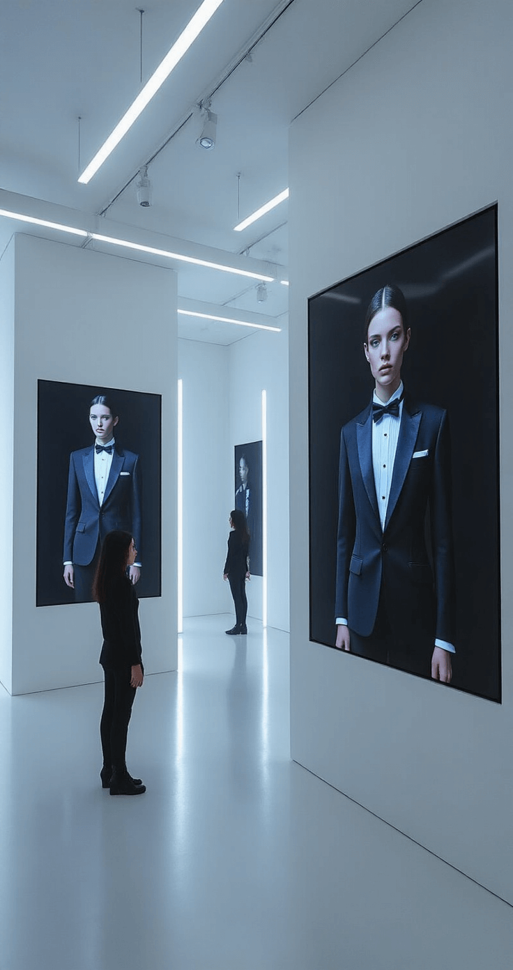 A minimalist white cube gallery featuring a virtual fashion exhibition, with digital displays showcasing tuxedo t-shirt designs from gaming culture. Models wear physical versions of the virtual designs, illuminated by bright artificial lighting, highlighting the blend of reality and digital aesthetics.