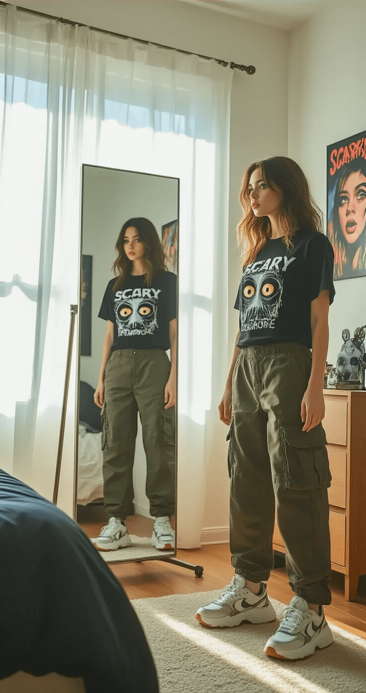 A young woman in a sunlit bedroom tries on a fitted black t-shirt with a Scary Eyes Dreamcore design, wearing cargo pants and chunky sneakers, while standing in front of a full-length mirror. The room features white walls, gaming posters, and natural light streaming through sheer curtains, enhancing the metallic print details on her shirt.