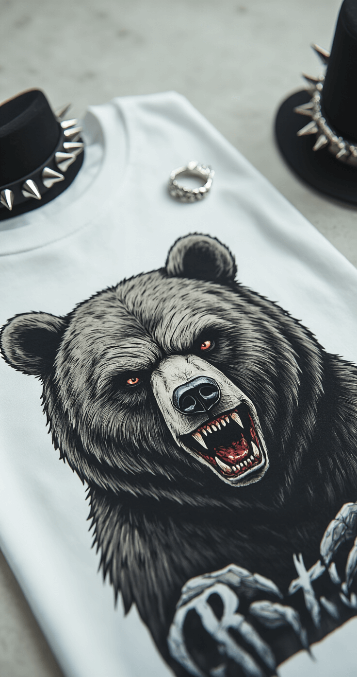 Close-up of a Bear Alpha graphic t-shirt featuring intricate horror-themed artwork, laid flat in a clean, minimalist studio setting with a white backdrop. Accessories like silver rings and a spiked choker are nearby, with professional lighting highlighting the fabric texture and print quality.