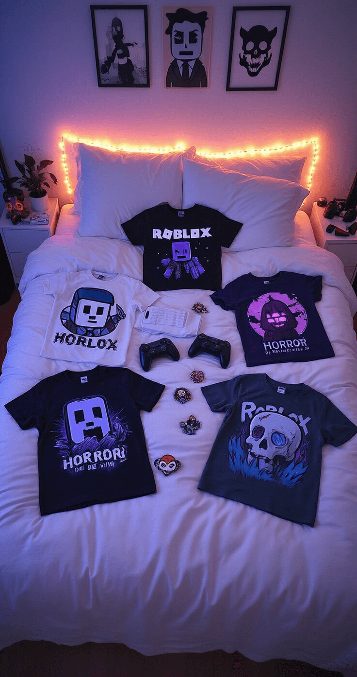 A cozy bedroom corner illuminated by purple-blue LED strip lights, showcasing a fashion flat-lay of Roblox horror-themed shirts arranged on a white duvet, accompanied by gaming accessories and enamel pins, captured in soft, moody overhead lighting.