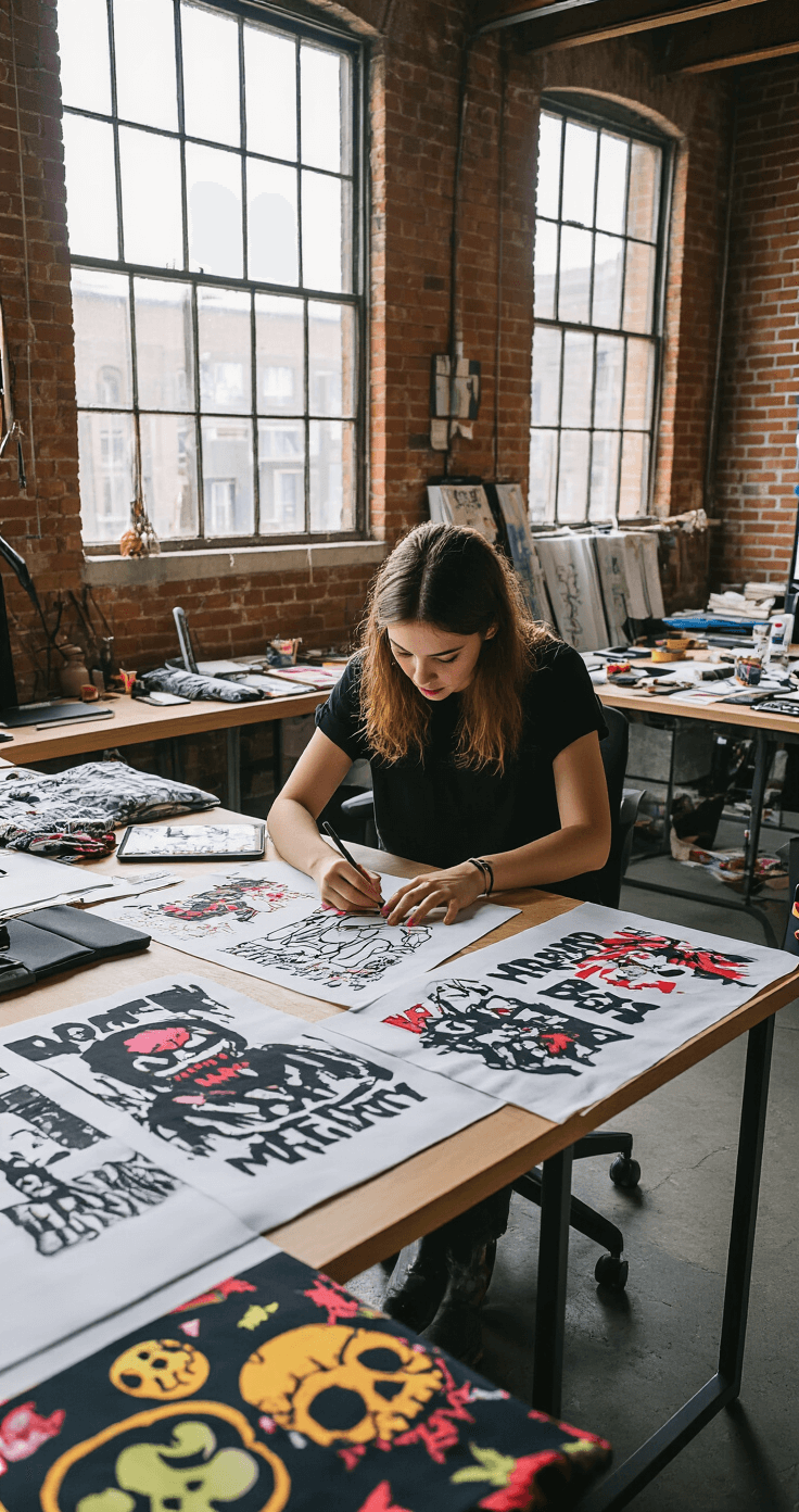 A young fashion designer works at a table in a modern creative studio with exposed brick walls, surrounded by fabric samples and design tablets, creating custom horror-themed Roblox artwork for shirts, illuminated by natural light from industrial windows.