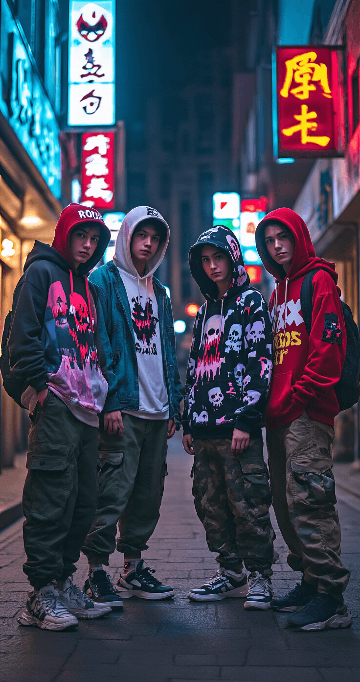 A group of friends stands outside a gaming cafe in the evening, wearing coordinated Roblox horror shirts in cropped, oversized, and standard fits. They sport streetwear elements like cargo pants and chunky sneakers, complemented by cyber-punk accessories. Vibrant neon signs illuminate the scene, enhancing the atmosphere.