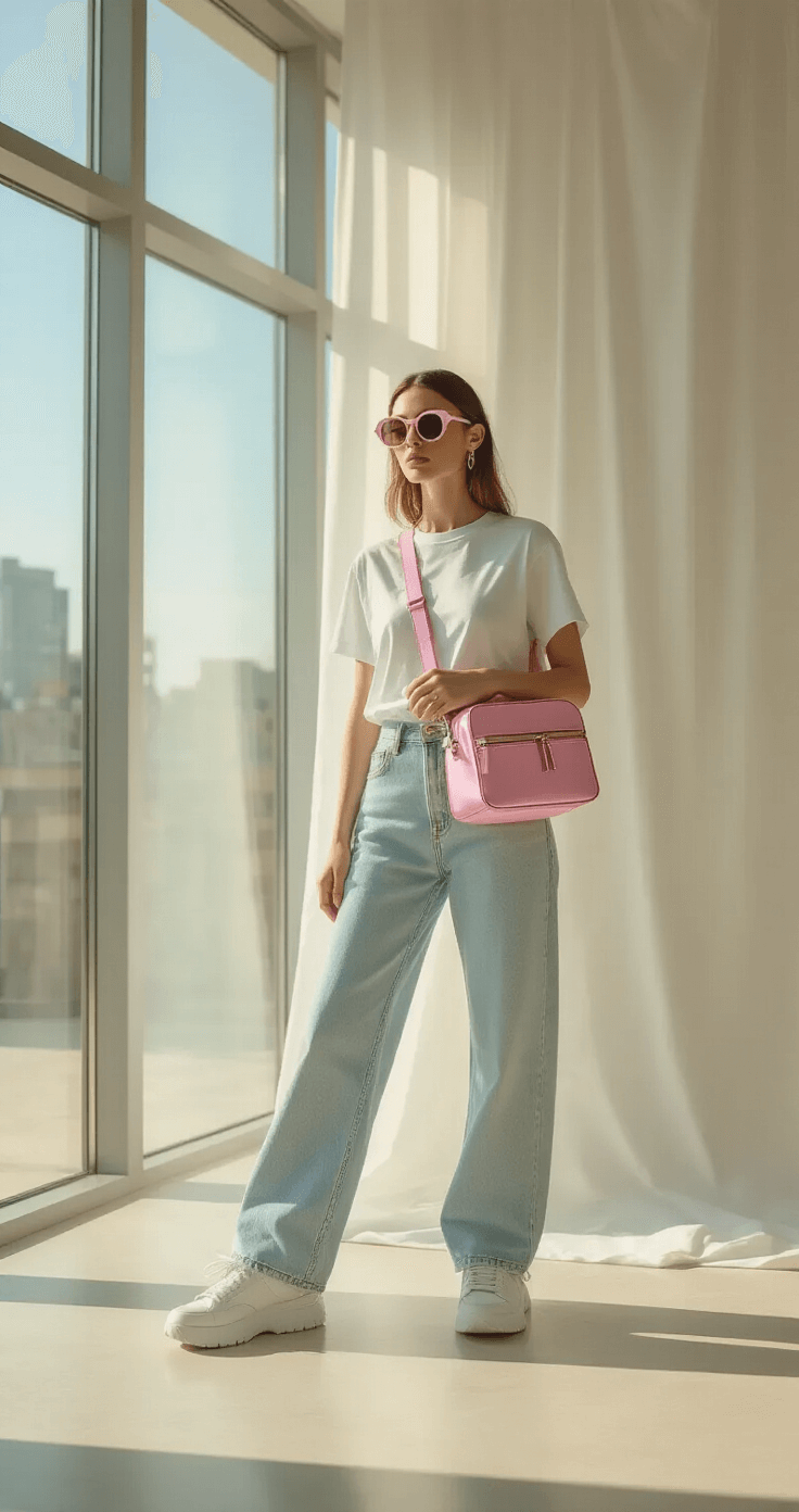 How to Rock a White T-Shirt on Your Roblox Girl Avatar A fashion influencer stands in a modern studio space, illuminated by soft morning light, wearing a white t-shirt and high-waist light wash mom jeans, styled with a mini pink metallic backpack, oval sunglasses, and chunky white sneakers against a minimalist backdrop.