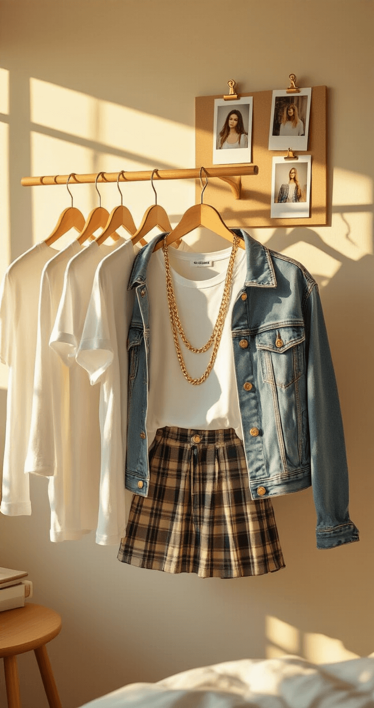 How to Rock a White T-Shirt on Your Roblox Girl Avatar Cozy bedroom corner illuminated by warm golden hour sunlight, featuring a wooden clothing rack with stylish white t-shirts. An outfit showcases a white tee, distressed denim jacket, gold chain necklaces, and a plaid mini skirt. Polaroid photos of outfit combinations are pinned to an inspiration board, captured from a 45-degree angle.