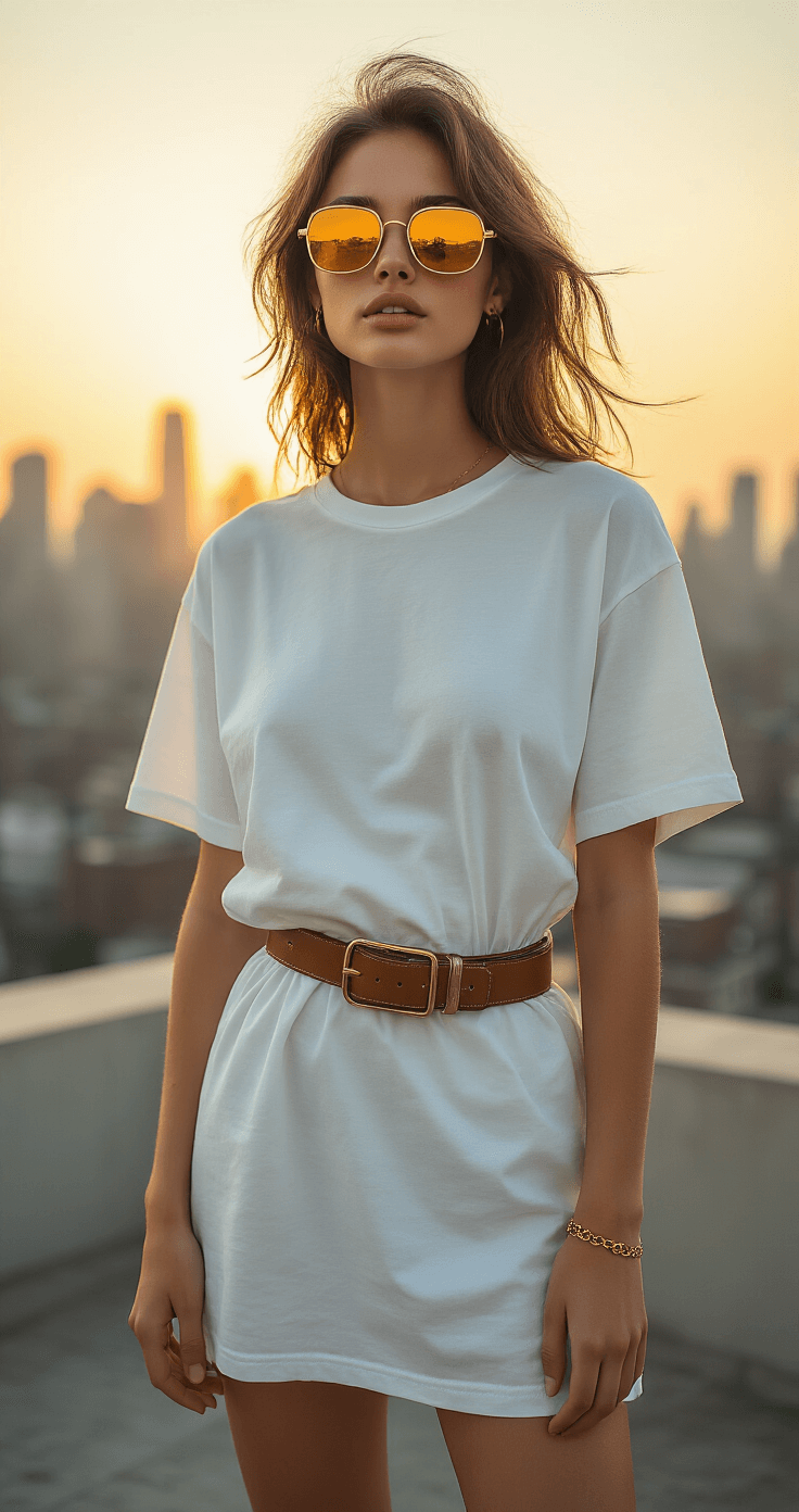 How to Rock a White T-Shirt on Your Roblox Girl Avatar A model in an oversized white graphic tee styled as a dress, cinched with a trendy belt bag, stands on a summer rooftop at sunset. The soft-focus city skyline serves as a backdrop, while she wears retro rectangular sunglasses, platform sandals, and a delicate gold anklet. Her hair is lightly tousled by the breeze, captured from a slightly below angle, highlighting a stylish urban cool girl aesthetic in warm evening tones.