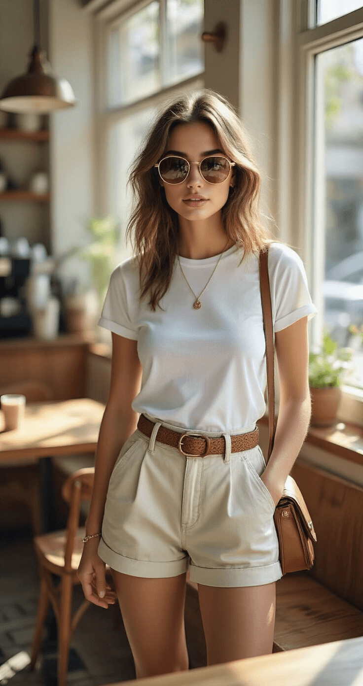 How to Rock a White T-Shirt on Your Roblox Girl Avatar A bright, airy coffee shop corner illuminated by morning light, featuring a casual brunch scene with a model in a fitted white tee and high-waisted paper bag shorts, accessorized with a woven belt, layered necklaces, and leather slides, complemented by vintage-inspired oval sunglasses and a structured crossbody bag, captured at table level.