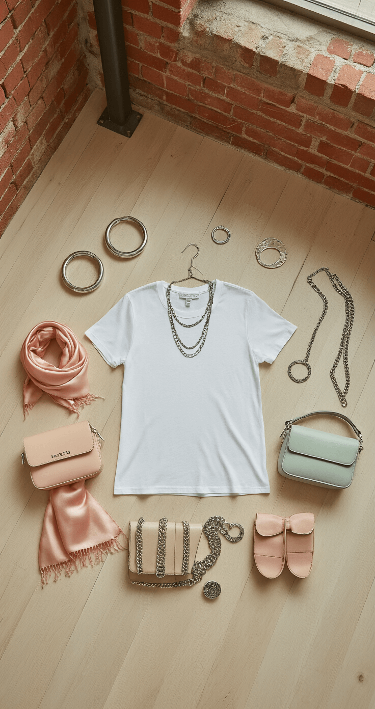 How to Rock a White T-Shirt on Your Roblox Girl Avatar Fashion flat lay on light wooden floor showcasing a white tee surrounded by silver hoops, chain necklaces, silk scarves, and a collection of mini bags in pastel hues, with natural light casting soft shadows on exposed brick walls in an industrial loft setting.