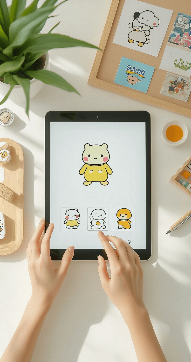 Rock Your Roblox Style: The Ultimate Guide to Keroppi T-Shirts & Fashion A close-up view of hands working on a digital tablet to design Keroppi T-shirt templates in a minimalist home office with white walls and wooden accents, featuring Sanrio merchandise and inspiration boards in the background, illuminated by natural side lighting.