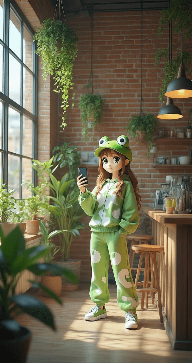 Rock Your Roblox Style: The Ultimate Guide to Keroppi T-Shirts & Fashion A fashion influencer in a green and white frog motif outfit showcases her Roblox avatar's Keroppi-inspired collection while recording a TikTok video in an urban cafe with exposed brick walls and hanging plants, illuminated by afternoon light through industrial windows.