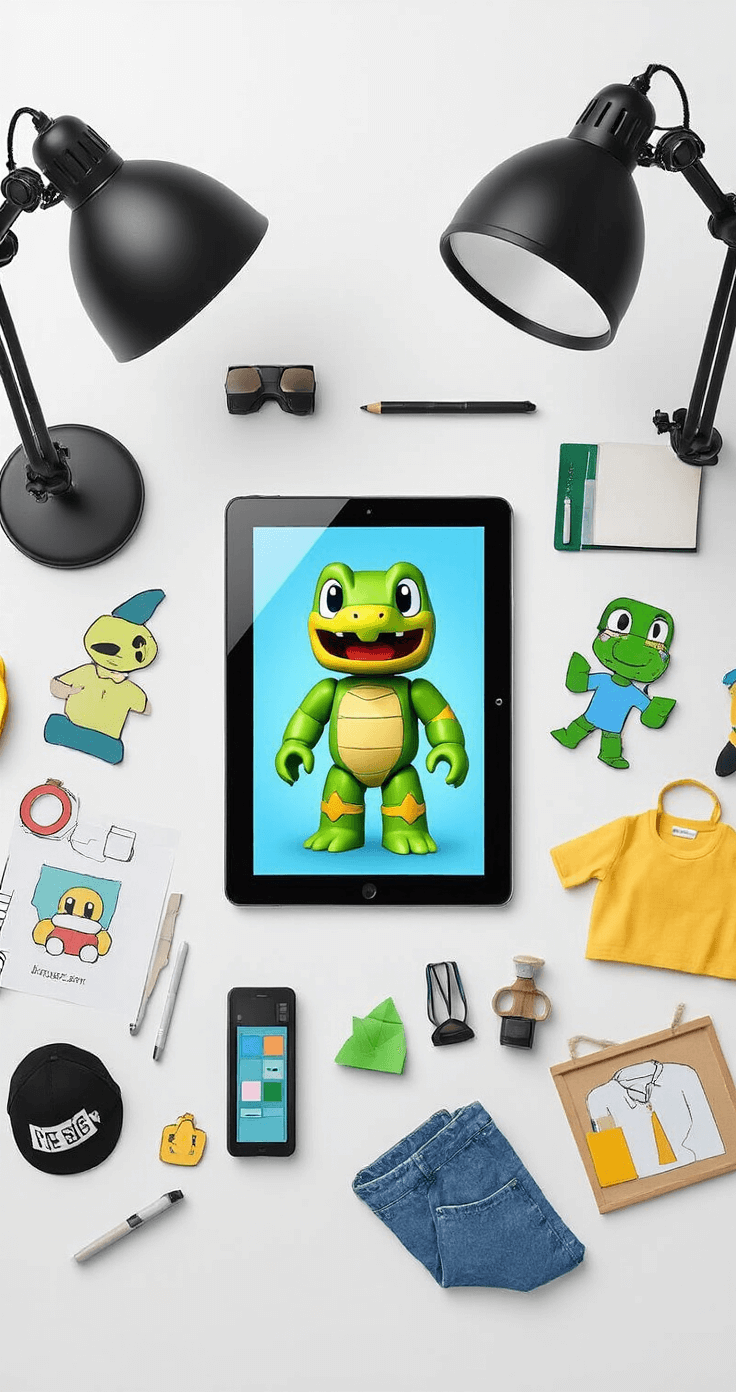 Flat lay of a tablet showing Roblox avatar customization surrounded by Keroppi merchandise, clothing sketches, and design tools, all set against a seamless white background with professional lighting.