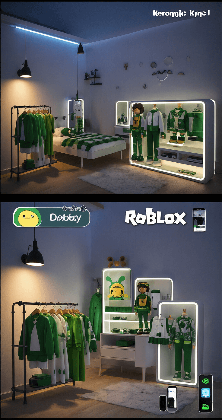 Rock Your Roblox Style: The Ultimate Guide to Keroppi T-Shirts & Fashion Trendy bedroom interior at dusk featuring LED strip lighting, displaying a split-screen of a real-life Keroppi fashion collection on a clothing rack and corresponding Roblox avatar outfits on smart devices, captured at eye level with moody ambient lighting.