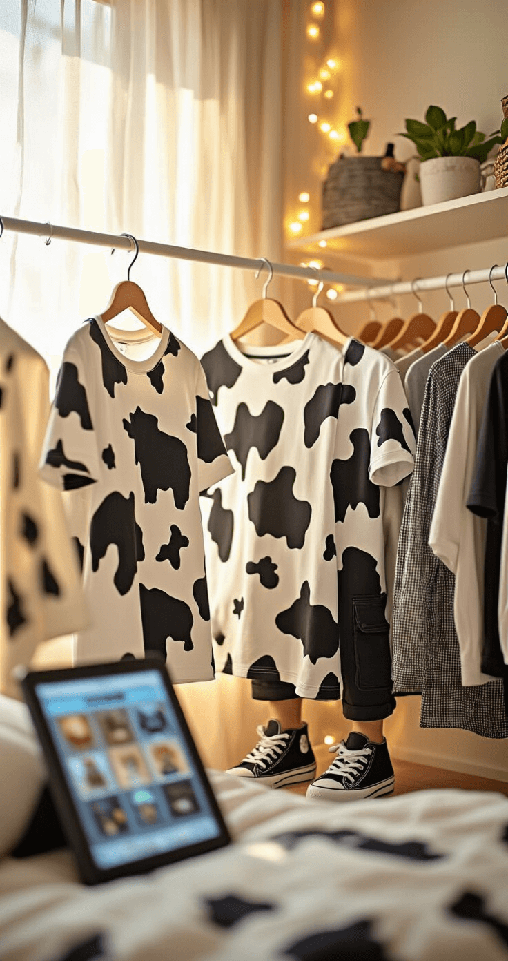 A cozy teen bedroom corner illuminated by warm afternoon light, showcasing a clothing rack with cow-themed Roblox outfits, including a Holstein-pattern T-shirt, black cargo pants, and platform sneakers. Twinkling fairy lights adorn the background, and a tablet displaying the Roblox Avatar Shop is visible.