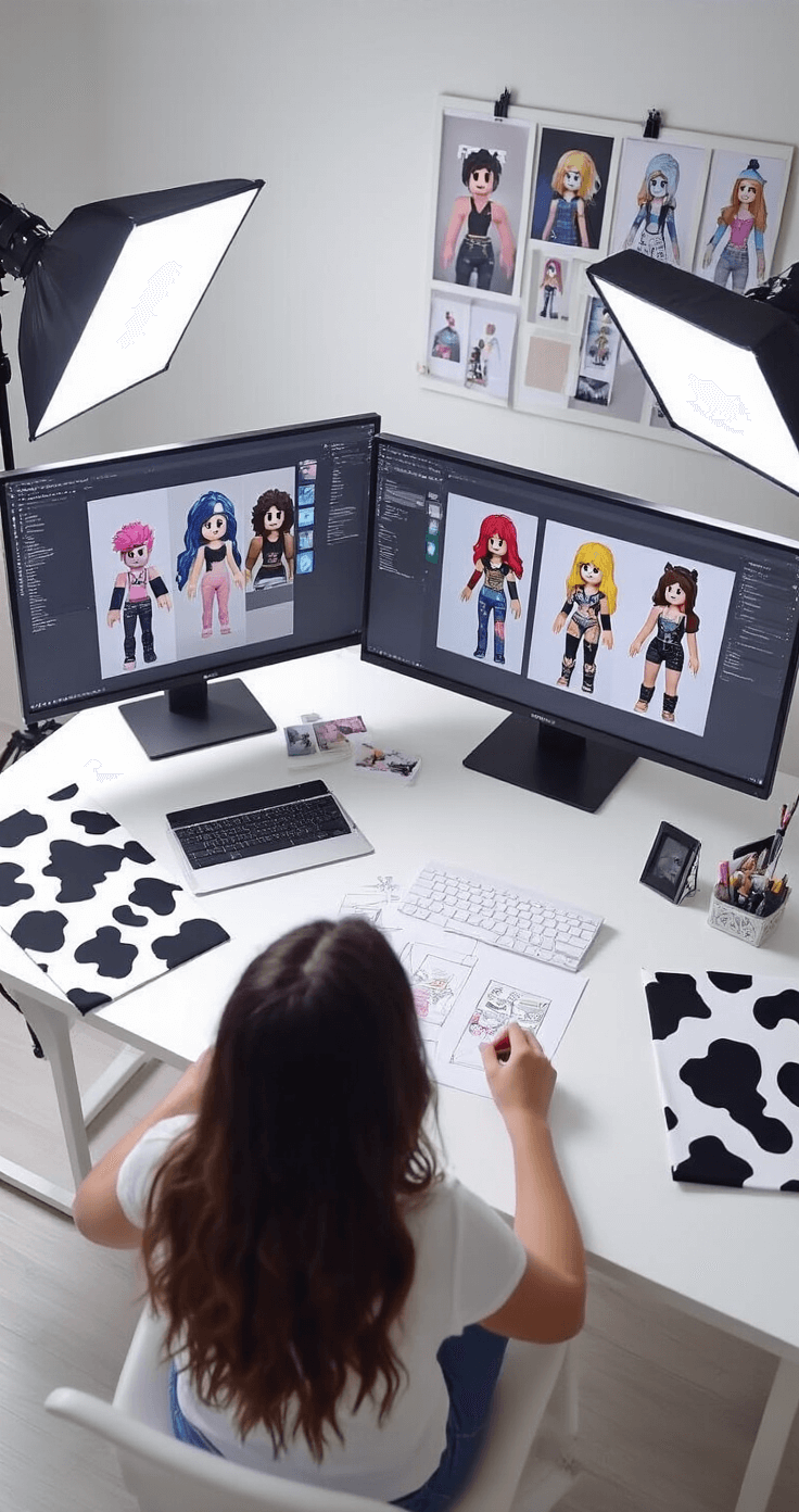 A modern home office setup featuring a content creator filming a Roblox fashion tutorial, with multiple screens showing avatar designs, cow-print fabric swatches, design sketches on a white desk, soft box lighting enhancing the workspace, and a pinboard with trending fashion screenshots, captured from above at a slight angle.