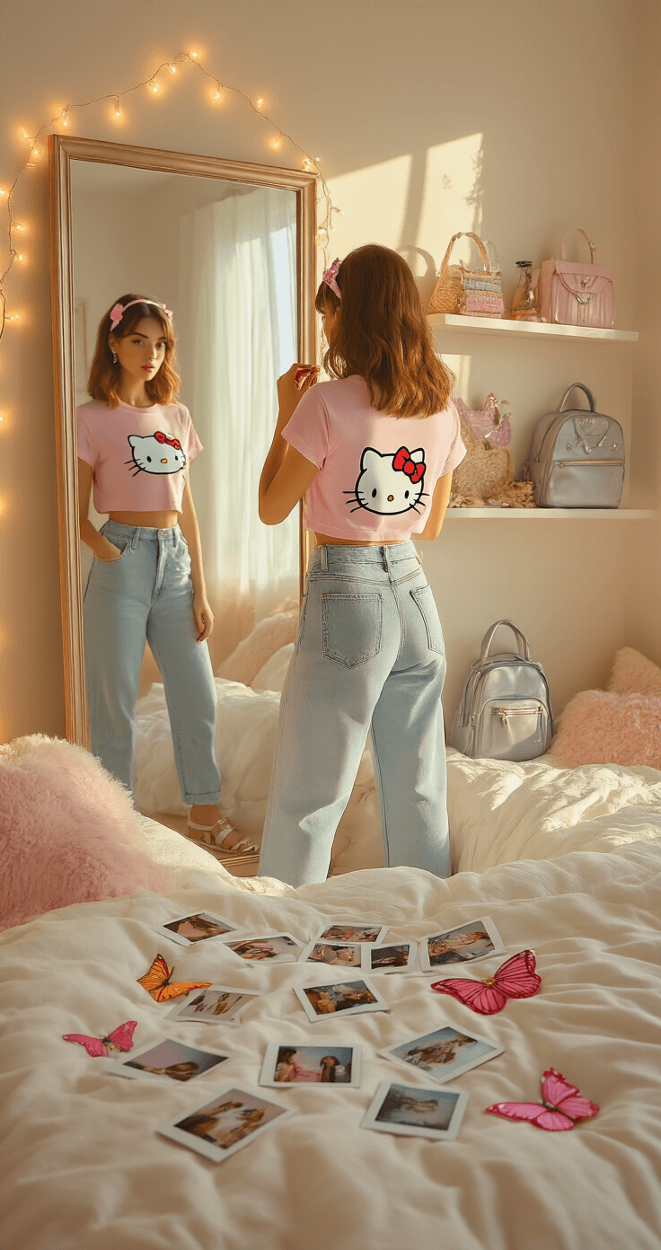 A young woman in a cropped pastel pink Hello Kitty t-shirt and high-waisted light wash mom jeans stands before a full-length mirror in a Y2K-inspired bedroom, with polaroid photos on a plush white duvet, twinkling fairy lights, and vintage accessories displayed on a shelf.
