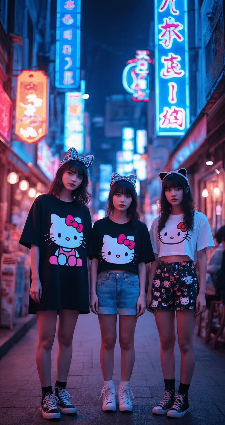 Aesthetic cafe scene at blue hour with neon lights, featuring three friends in coordinated Hello Kitty outfits: one in an oversized black graphic tee dress, another in a cropped baby tee, and the third in a DIY reconstructed style, showcasing punk, preppy, and streetwear styles in an urban environment.