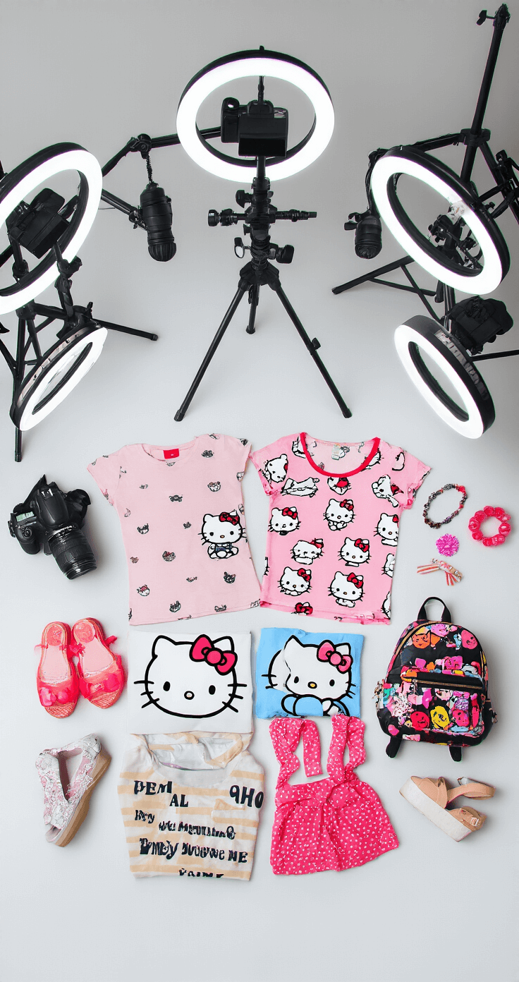Bright and airy content creation space showcasing a behind-the-scenes fashion haul with Hello Kitty shirts arranged on a white backdrop, accompanied by platform shoes, mini backpacks, and hair accessories in a neatly styled flat lay composition, captured from above with even studio lighting.