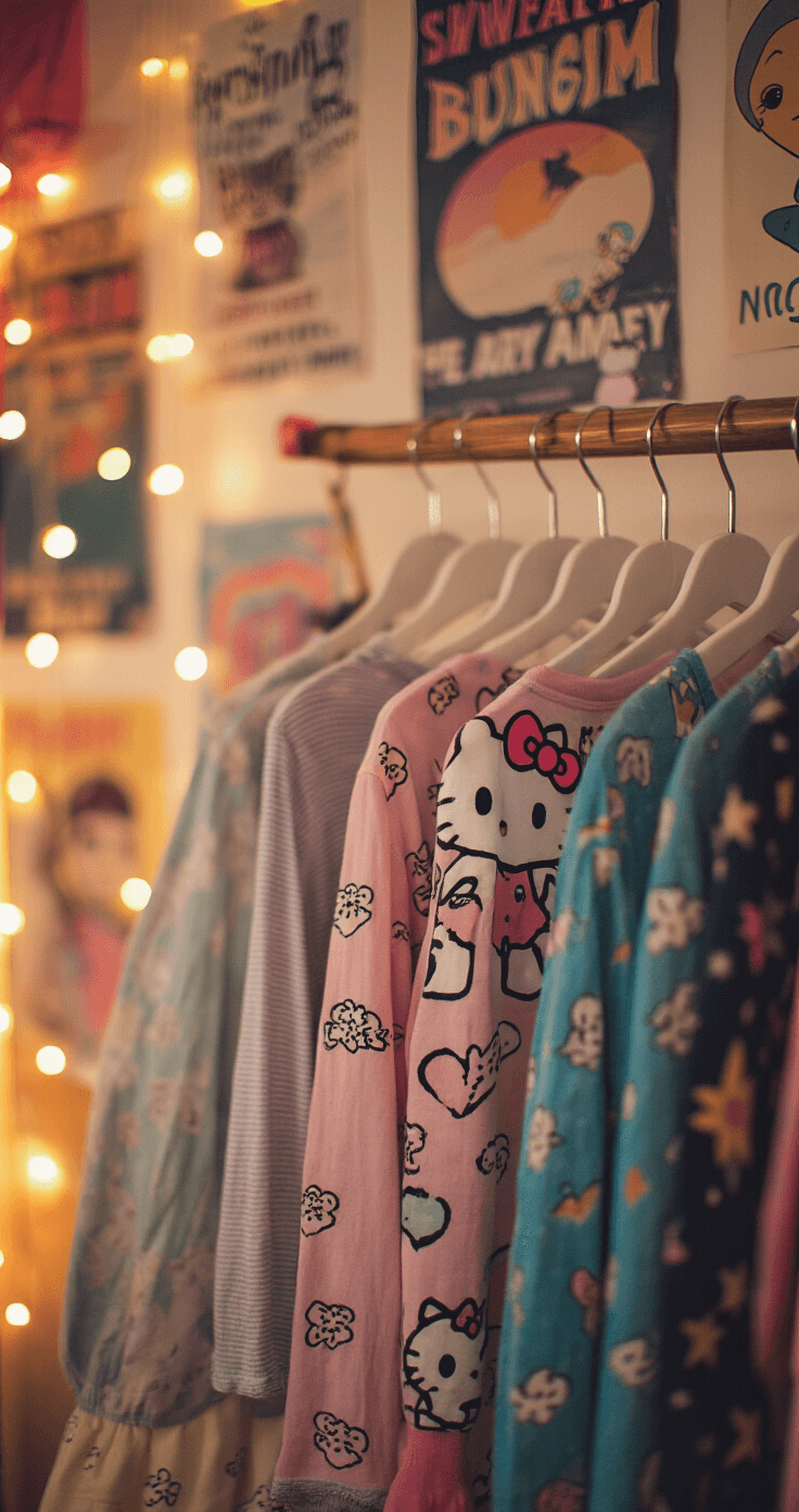 Close-up of a colorful collection of Hello Kitty shirts hanging on a clothing rack in a dreamy teenage bedroom at sunset, illuminated by fairy lights and framed by vintage posters, showcasing texture contrasts and selective blur for a nostalgic, warm film aesthetic.