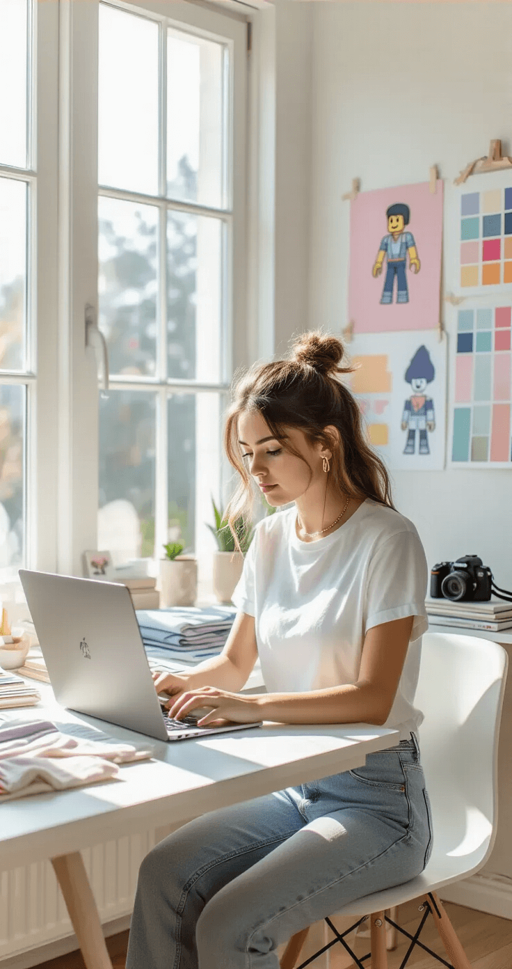 A young fashion designer works on a Roblox t-shirt design at a sleek desk in a sunlit home studio with white walls and wooden floors. Natural light floods the space, highlighting mood boards with pastel colors and character designs. She wears a white t-shirt and high-waisted jeans, while design tools and fabric swatches are neatly arranged around her.