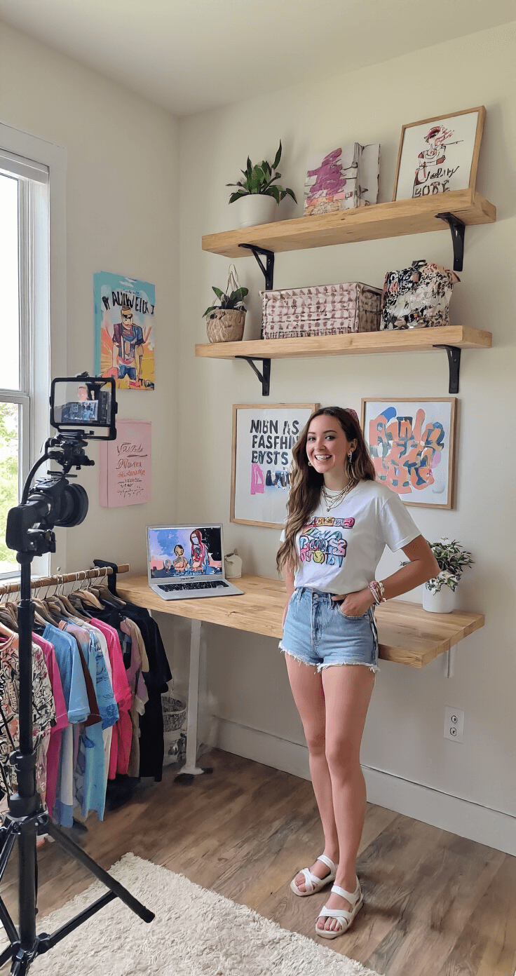 Cozy home office corner with floating shelves and wall art, featuring a content creator filming a Roblox fashion haul surrounded by colorful t-shirts. Natural daylight enhances the textures of the fabric while she showcases her trendy Roblox outfit with high-waisted shorts and layered necklaces.