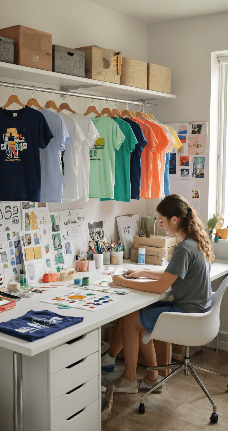 A young designer customizes Roblox t-shirts in a contemporary craft room filled with organized storage, eco-friendly dyes, and design tools. Afternoon light highlights various shirts in progress hanging on a rack and inspiration boards.