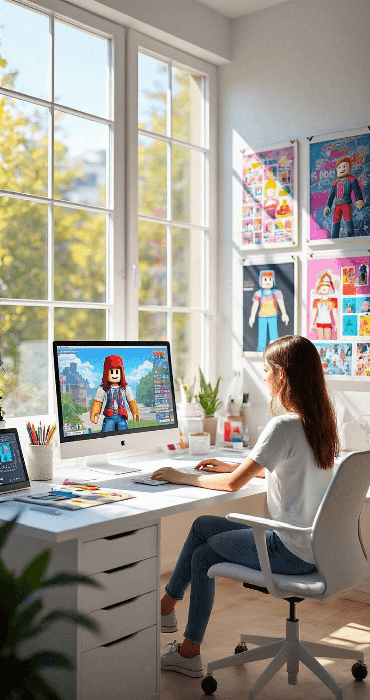 A bright digital design studio with floor-to-ceiling windows. A young female designer at a minimalist desk creates a Roblox t-shirt design on a large monitor, surrounded by colorful inspiration boards and organized design tools. Natural sunlight pours in, highlighting her creative workspace.