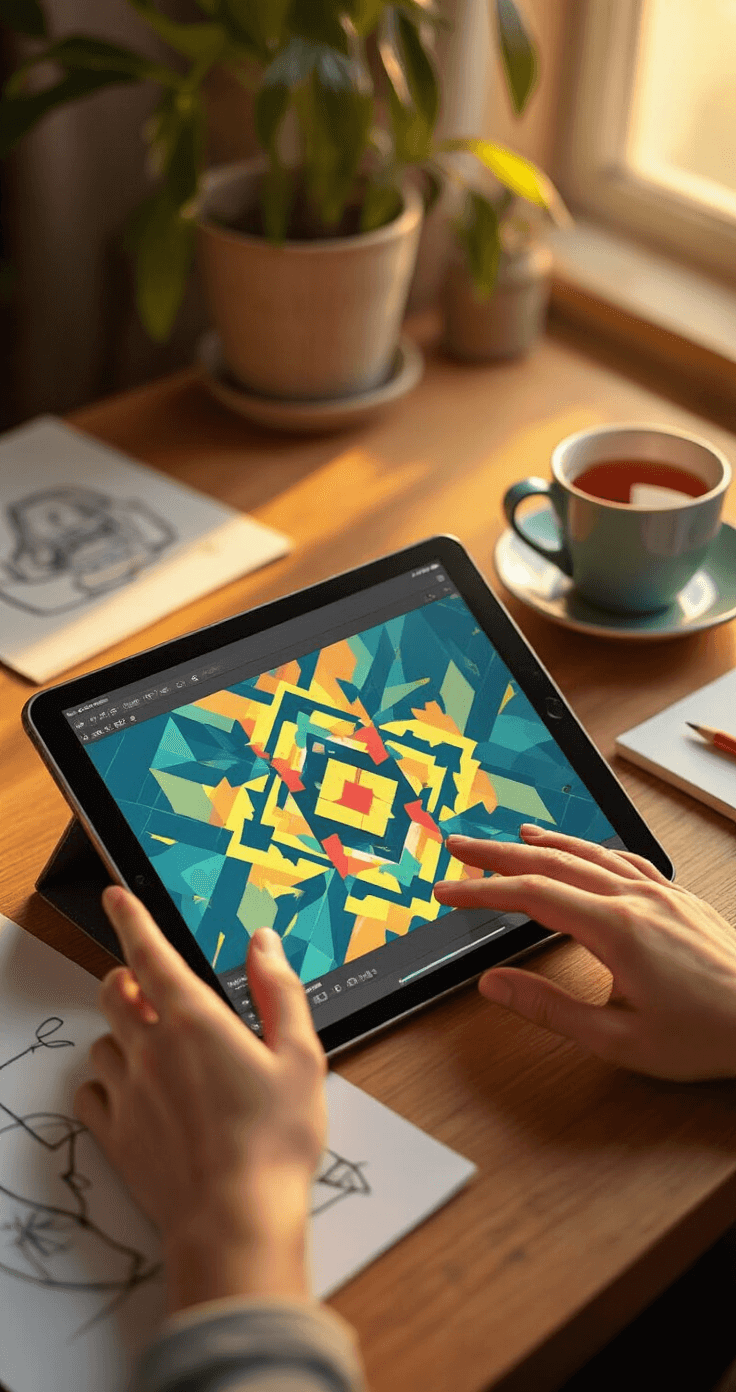 Close-up view of hands using a tablet to design a colorful Roblox t-shirt in Pixlr, set in a cozy home office during golden hour, featuring warm light, a cup of herbal tea, and scattered sketches.