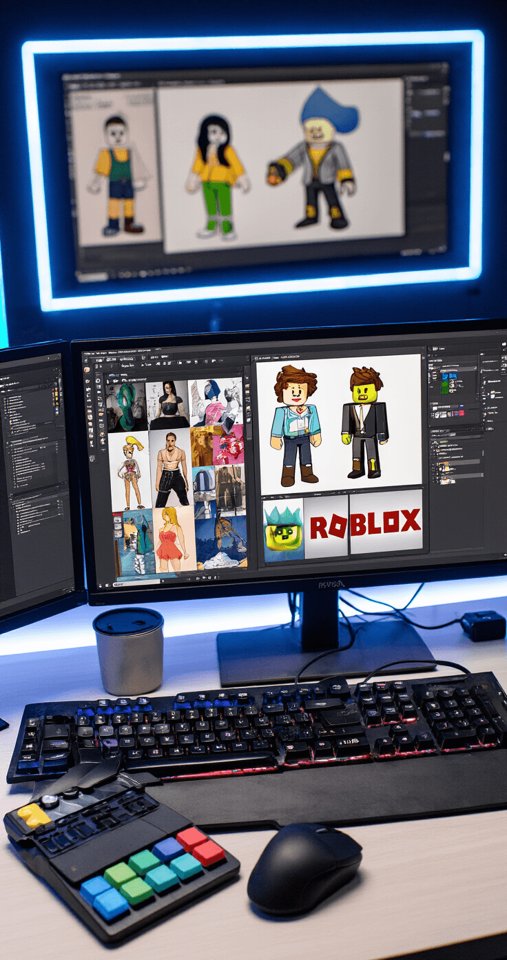 A modern gaming room featuring LED ambient lighting, showcasing multiple monitors with various t-shirt design stages, a drawing tablet, custom keycap keyboard, organized digital art tools, Pinterest fashion inspiration boards, and the Roblox Studio interface, captured with a shallow depth of field.