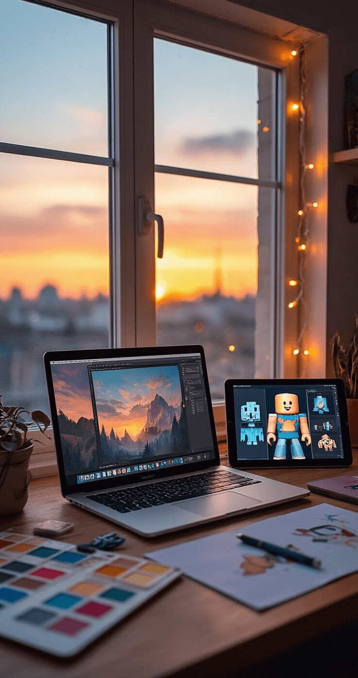 A cozy content creator's workspace at sunset, featuring a laptop open to GIMP software, surrounded by color swatches, digital art references, and a tablet displaying Roblox avatar designs, all illuminated by warm light and string lights, captured from a three-quarter view.