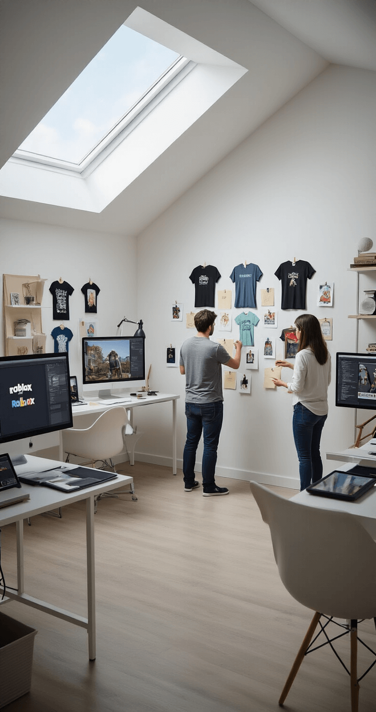 A bright and modern home studio with a designer reviewing t-shirt designs on a white inspiration wall, featuring minimalist furniture, ample natural light from skylights, and digital tools including a tablet showing the Roblox upload interface.