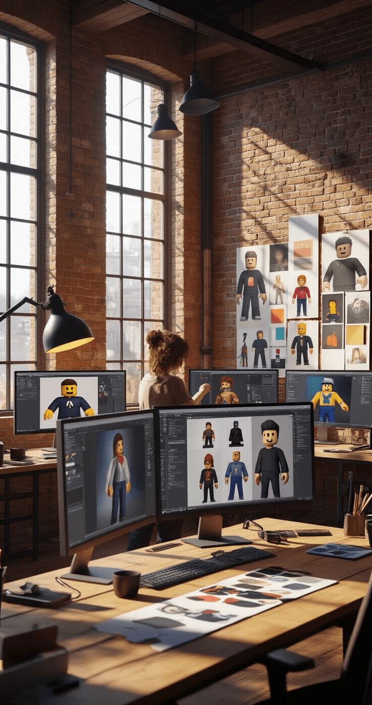 An industrial-style loft with exposed brick walls, featuring a designer testing t-shirt designs on Roblox avatars across multiple monitors. The workspace includes physical mood boards showcasing color theories and trendy styles, illuminated by natural light and warm desk lamps, casting dramatic shadows in the wide composition.